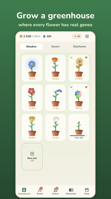 The Meadow wing: a grid of potted flowers, each earning coins per second, with tabs for Meadow, Desert and Rainforest.