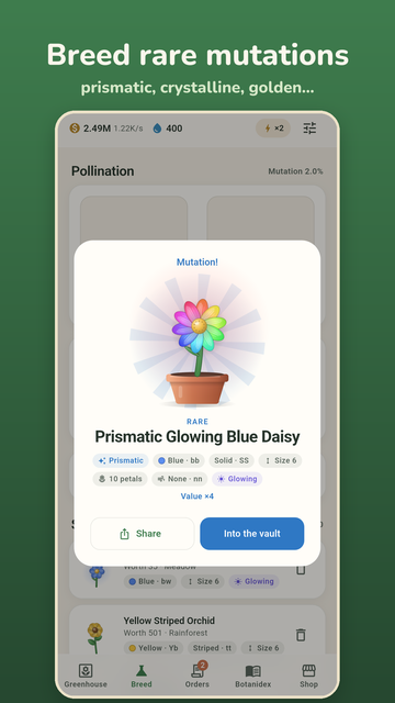 A “Mutation!” reveal card showing a rare Prismatic Glowing Blue Daisy with rainbow petals and its gene tags.