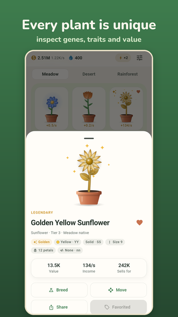 Detail sheet for a legendary Golden Yellow Sunflower listing its genes, petal count, value and income.