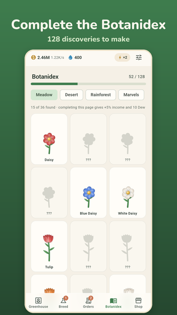 The Botanidex collection at 52 of 128 discoveries, with found flowers shown and undiscovered ones as silhouettes.