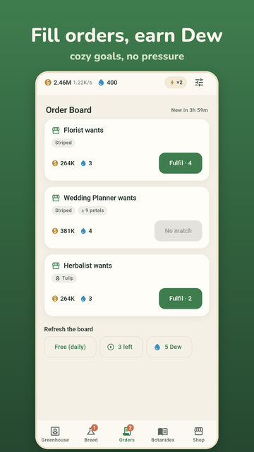 The Order Board with requests from a Florist, a Wedding Planner and a Herbalist, each offering coins and Dew.