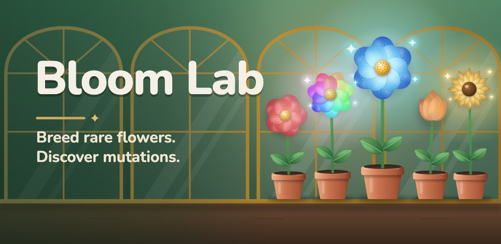 Bloom Lab: five potted flowers – red, rainbow, glowing blue, peach and golden – on a shelf in a sunlit greenhouse.
